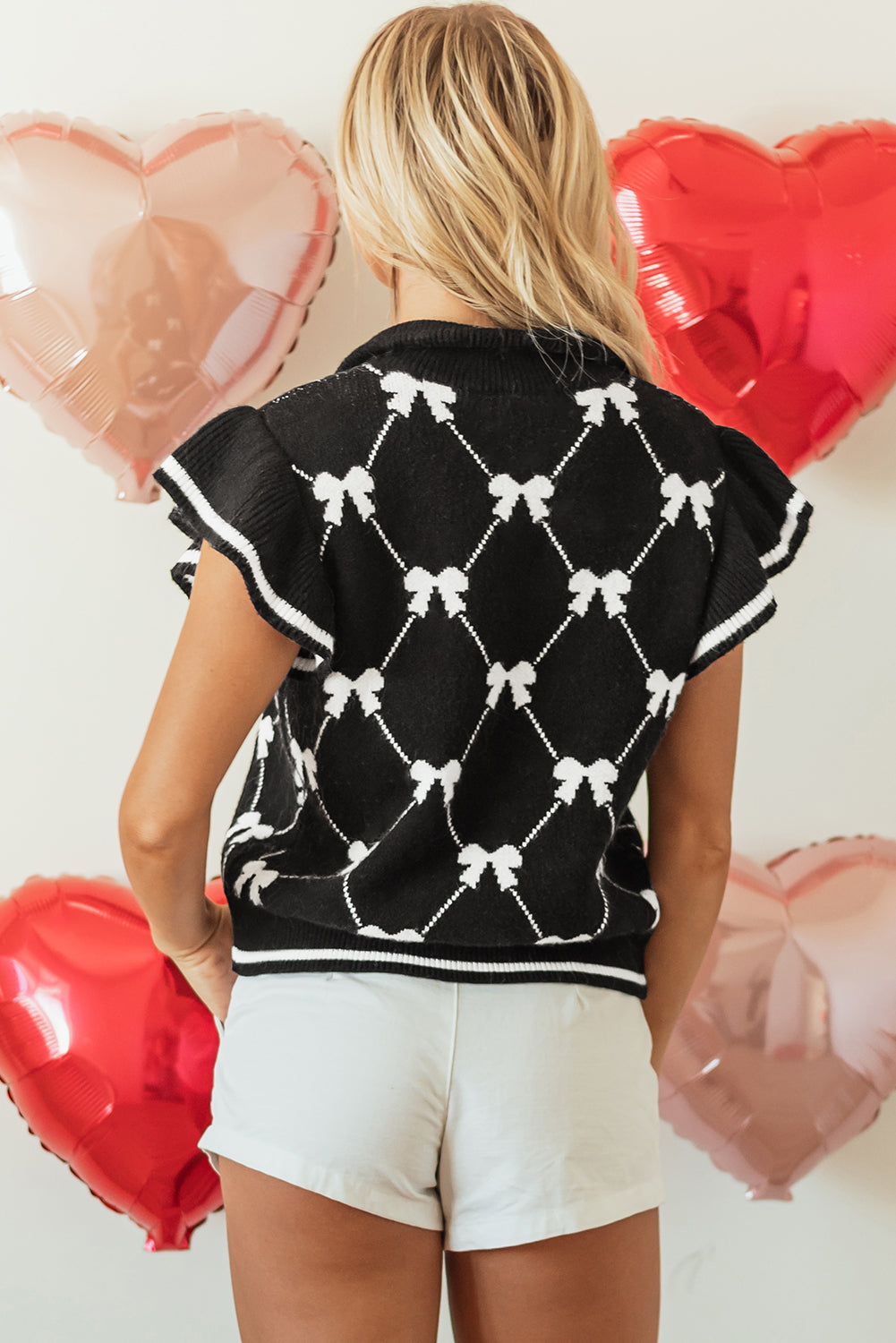 Preppy Bow Print Sweater Tee Zipped Collar Long Sleeve Casual Sweaters