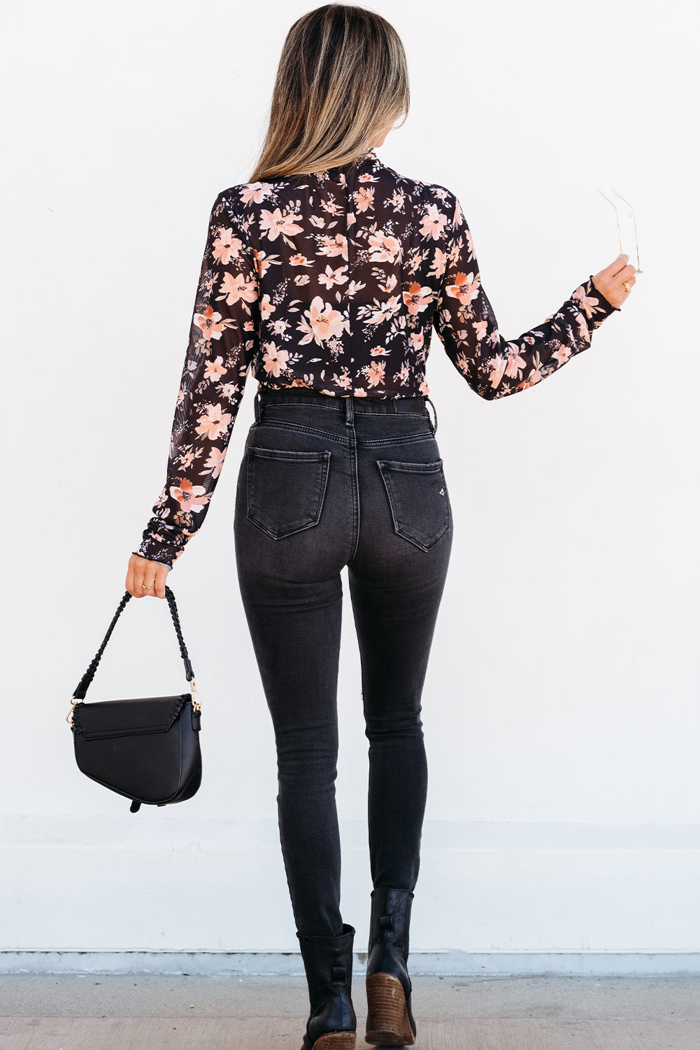 Women’s Black Floral Mesh Mock Neck Slim Fit Long Sleeve Top