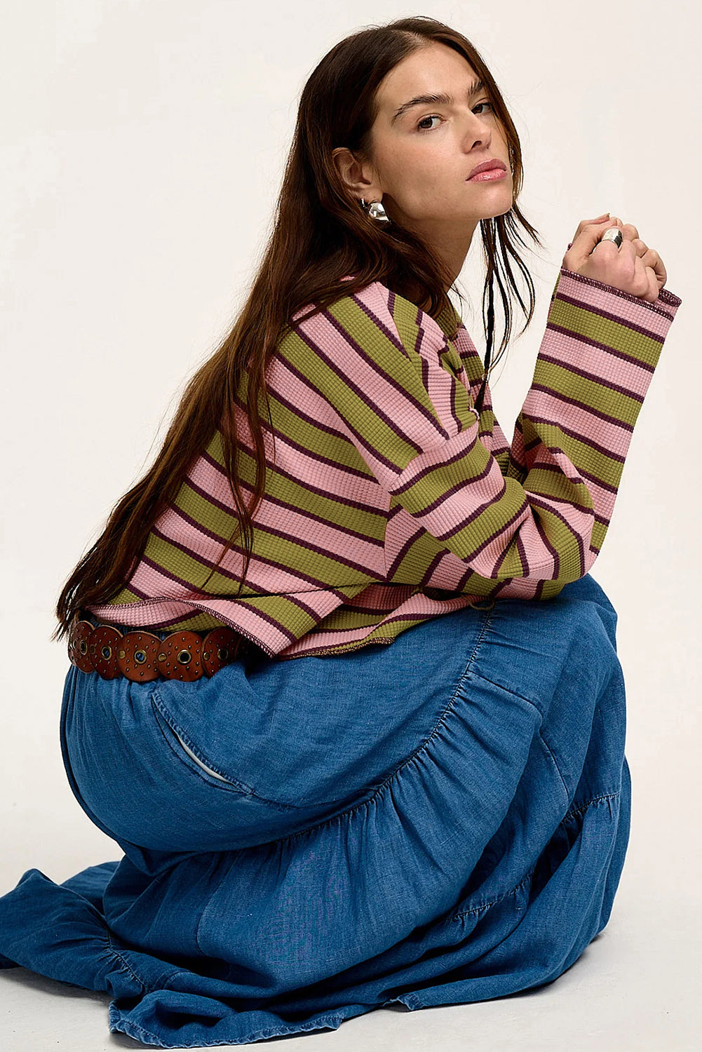 Spinach Green Striped Waffle Knit Top Notched Neck Long Sleeve Casual Top