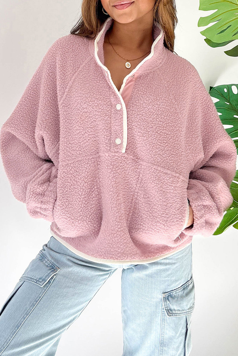 Fuchsia Plush Sweatshirt Stand Neck Half Button Zip with Pocket Casual Sweatshirt
