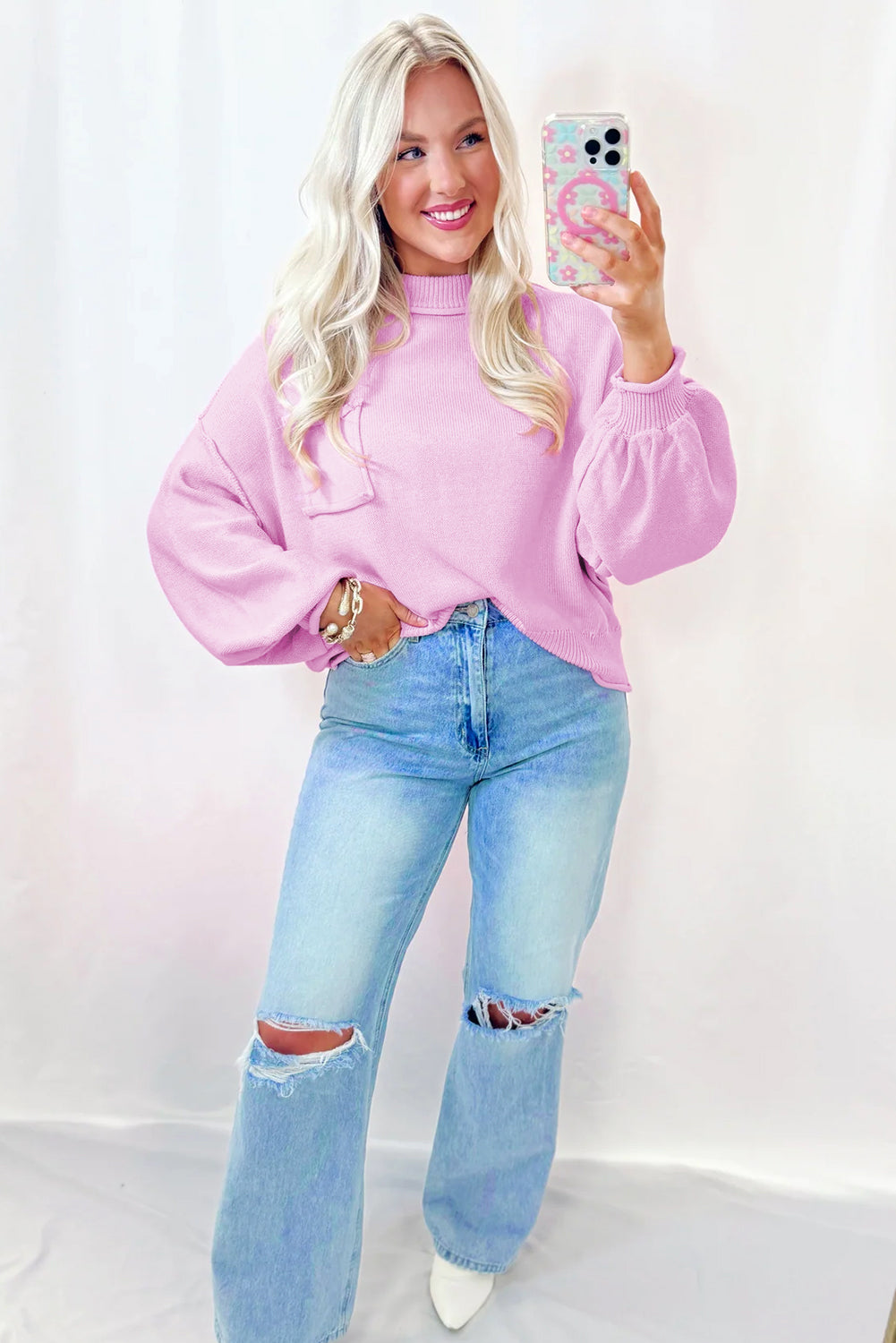 Women’s Pink Drop Shoulder Sweater with Raw Edge Ribbed Detail