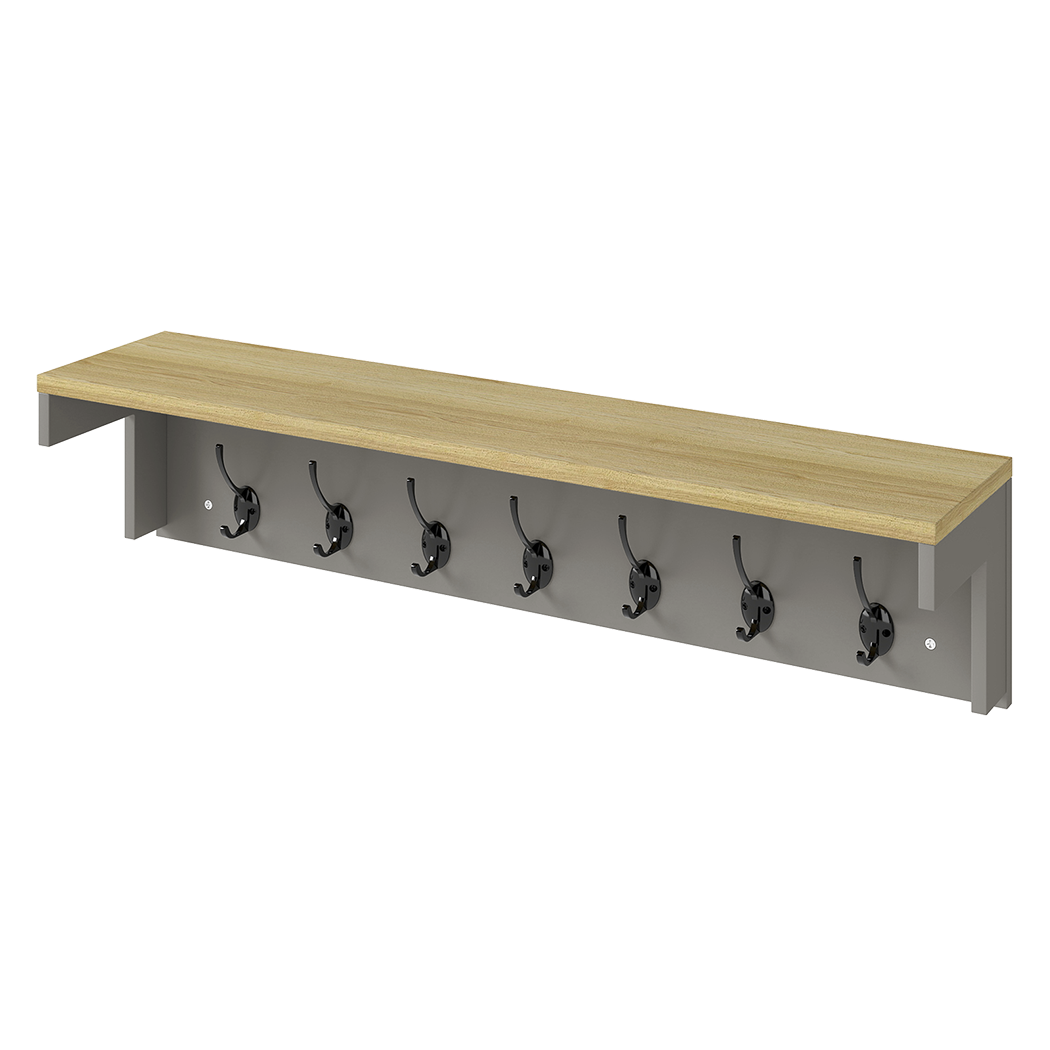 Levede Coat Rack Wall Mounted Shelf 7 Double Hooks Storage Entryway Hallway Grey-2065254290762633224