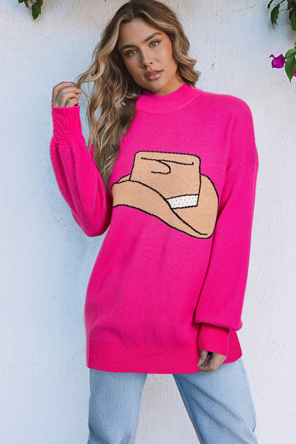 Rose Red YEEHAW Cowboy Hat Drop Shoulder Oversized Casual Knit Sweater
