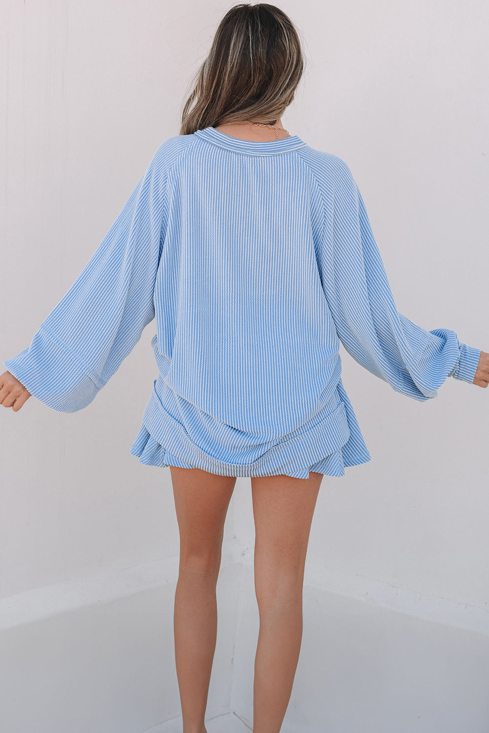 Sky Blue Lantern Sleeve Top & Ruffled Mini Skirt Set Summer Outfit for Women