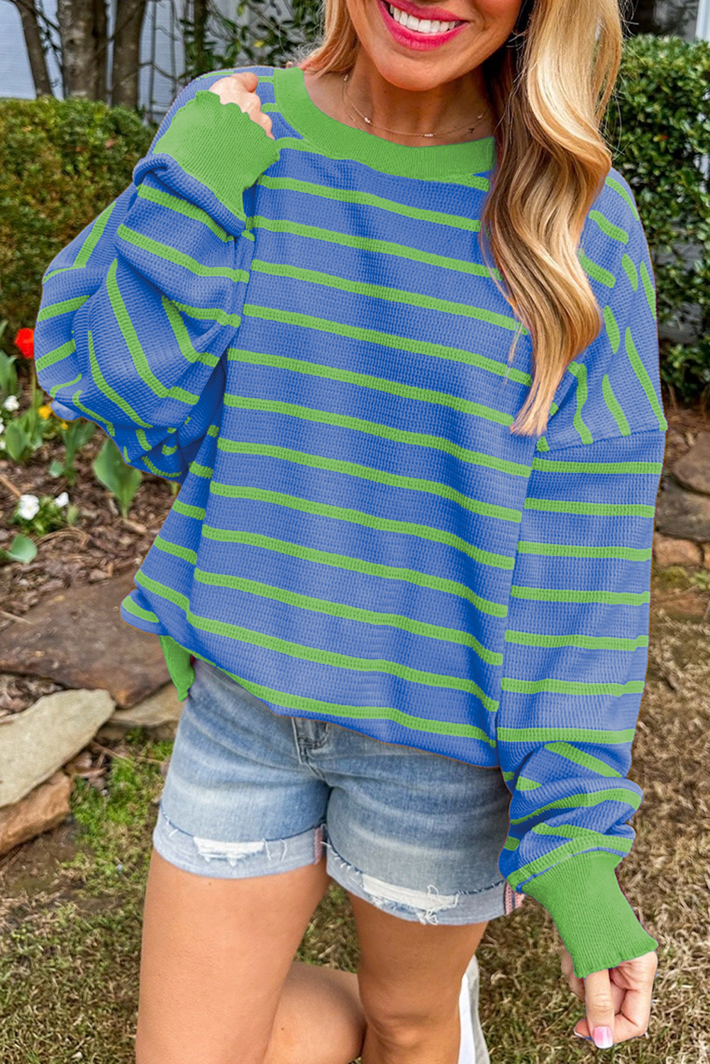 Orange Stripe Trimmed Round Neck Drop Shoulder Women’s Loose Sweater