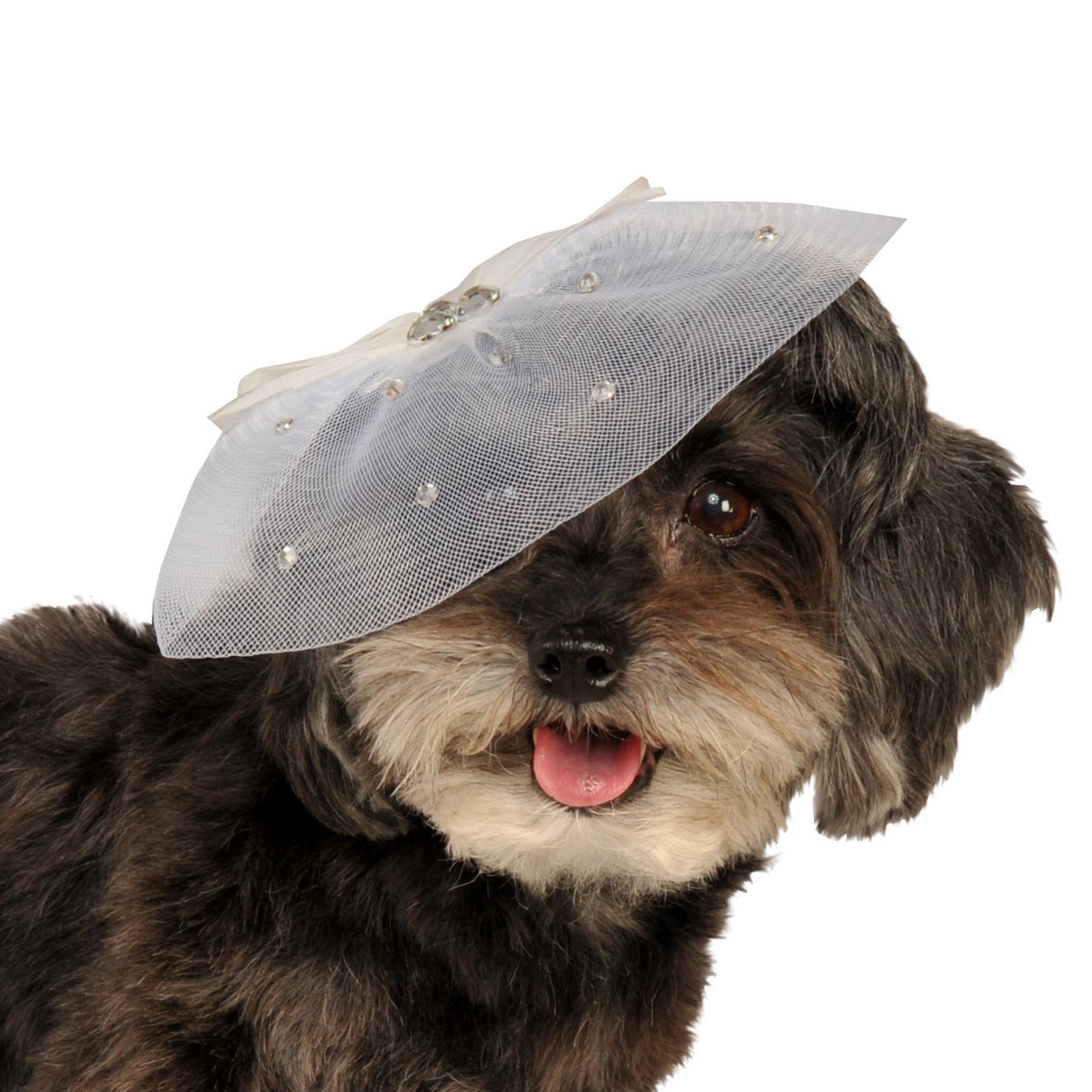 Dog Bride Costume Headpiece – White Tulle Wedding Hat with Jewels for Pets White Colour