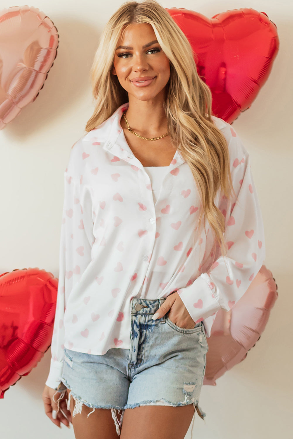 White Love Heart Print Drop Shoulder Puff Sleeve Women’s Casual Top