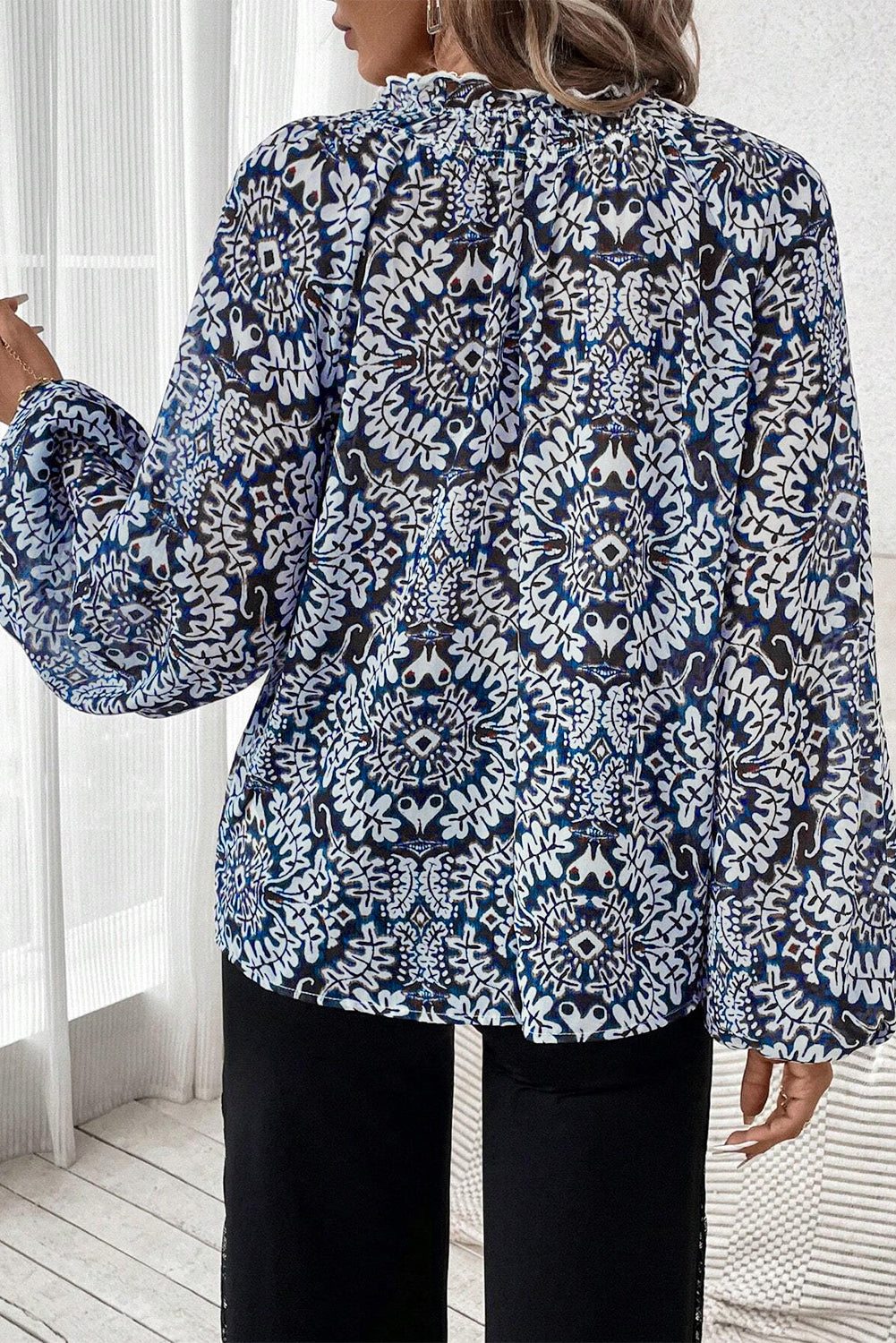 Blue Tribal Print Lace Up Frilled Neck Puff Sleeve Women’s Top