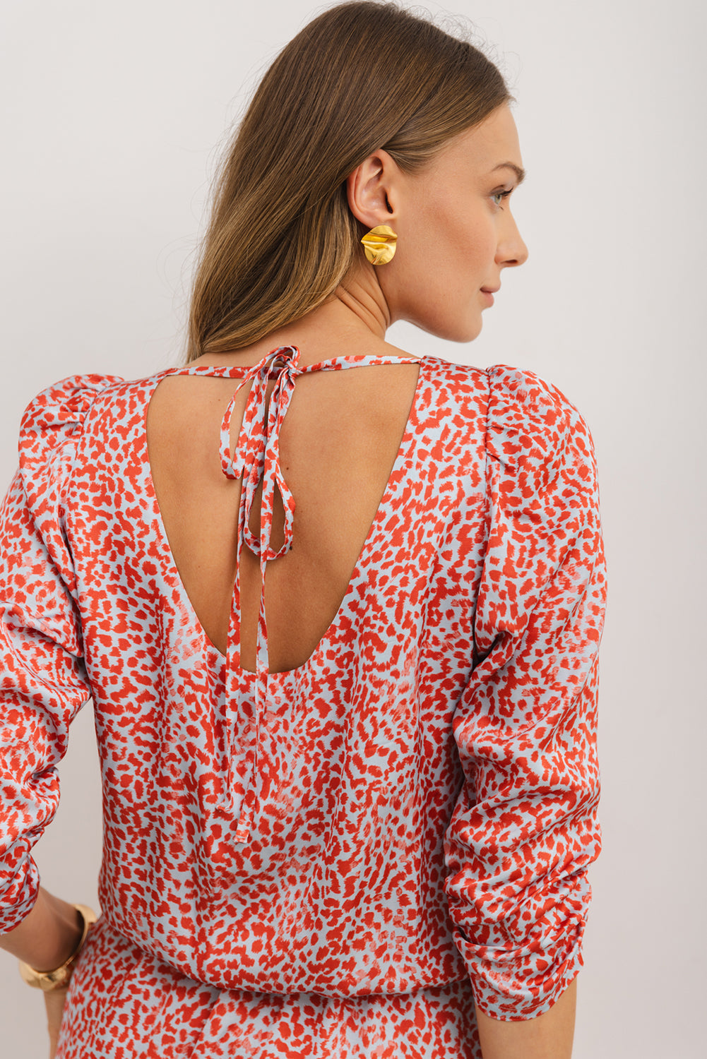 Tomato Red Leopard Print Mini Dress Long Sleeve Hollow Back Split Party Dress