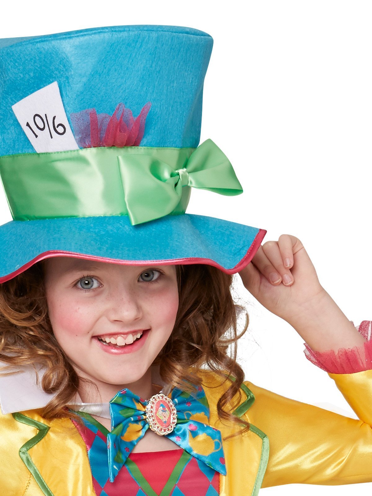 Disney Alice in Wonderland Mad Hatter Girls Costume – Satin Dress, Collar & Hat, Multi Colour