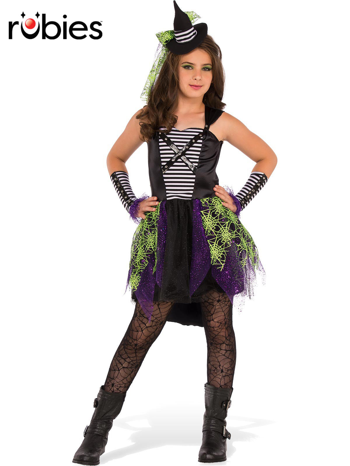 Midnight Witch Costume Teen Girls Halloween Dress with Hat and Striped Gauntlets