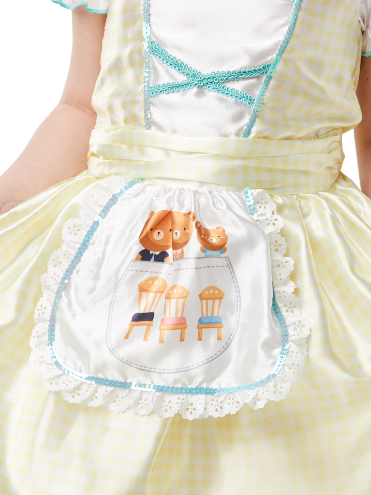 Kids Goldilocks Costume Fairytale Dress with Apron and Bear Print Detail Blue Colour