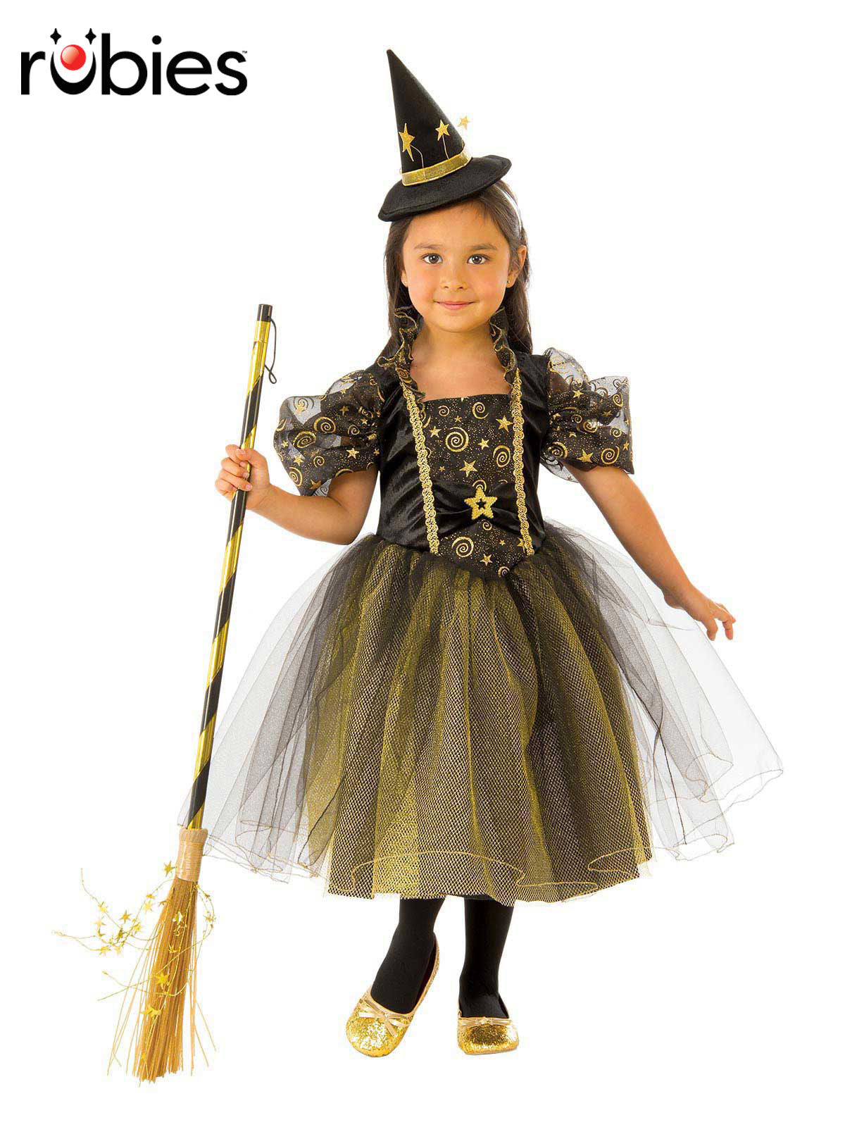 Golden Star Witch Kids Halloween Costume with Glitter Dress and Hat
