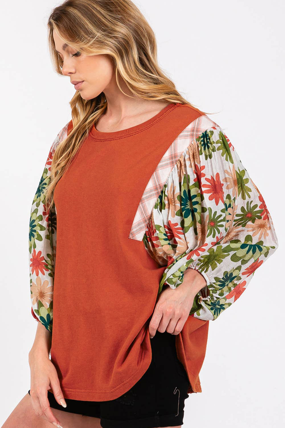 Desert Gold Floral Patchwork Blouse Puff Sleeve Round Neck Casual Top
