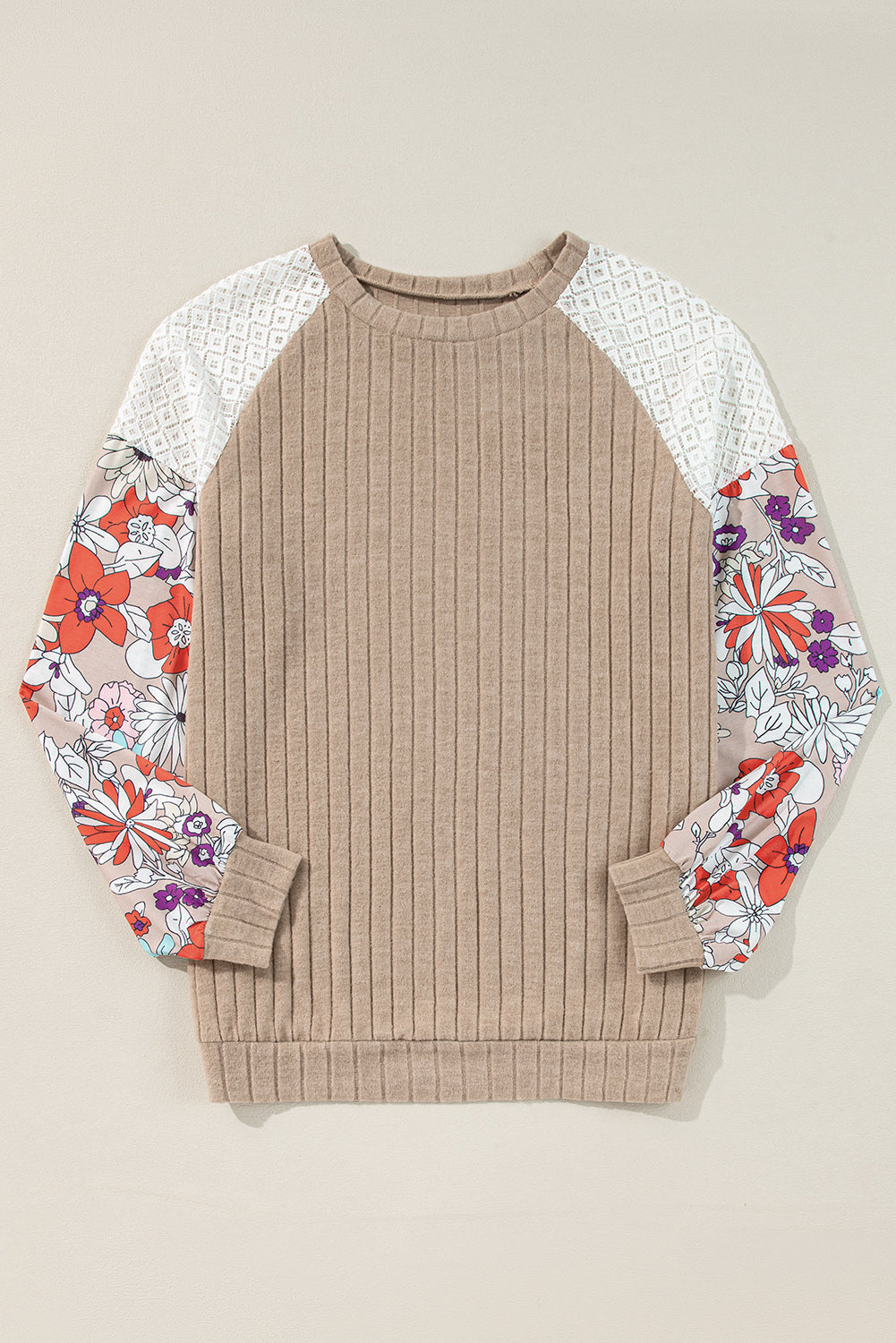 Women’s Laurel Green Floral Patchwork Ribbed Blouse with Long Sleeves