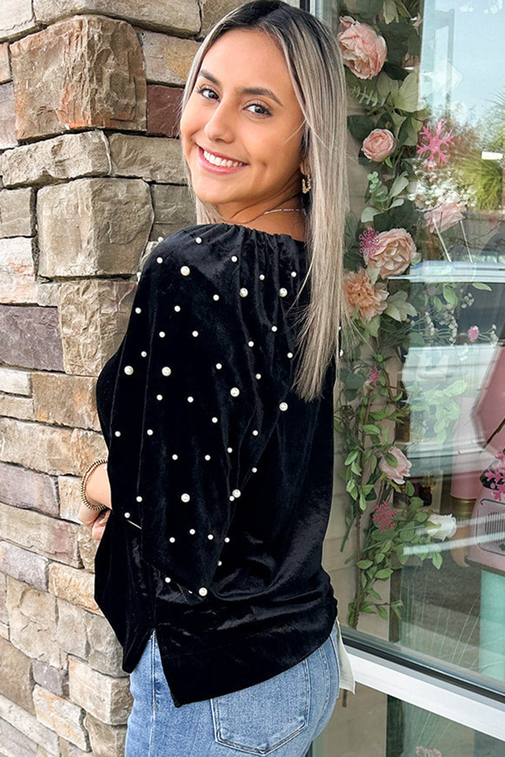 Black Velvet Top Pearl Beaded Half Sleeve Elegant Evening or Party Blouse