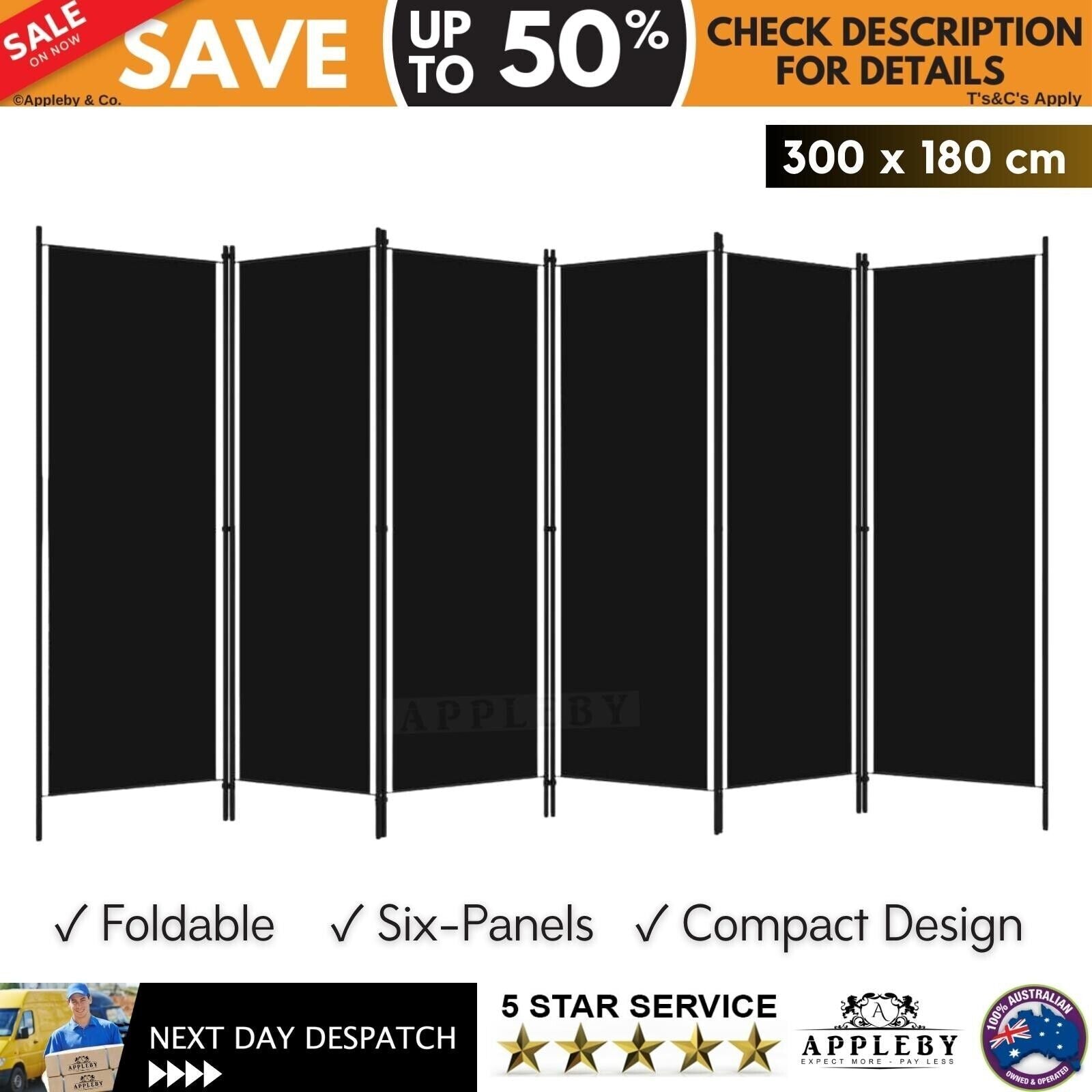 6-Panel Room Divider Black 300x180 cm
