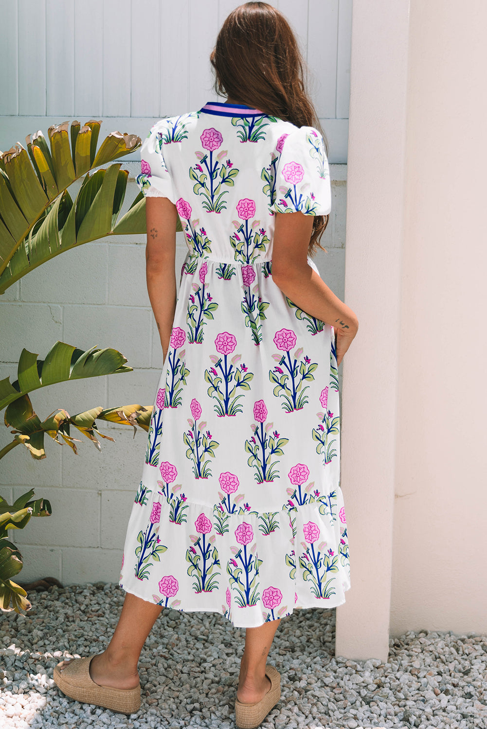 Women’s Sky Blue Floral Maxi Dress with Puff Short Sleeves, V Neck, and High Waist