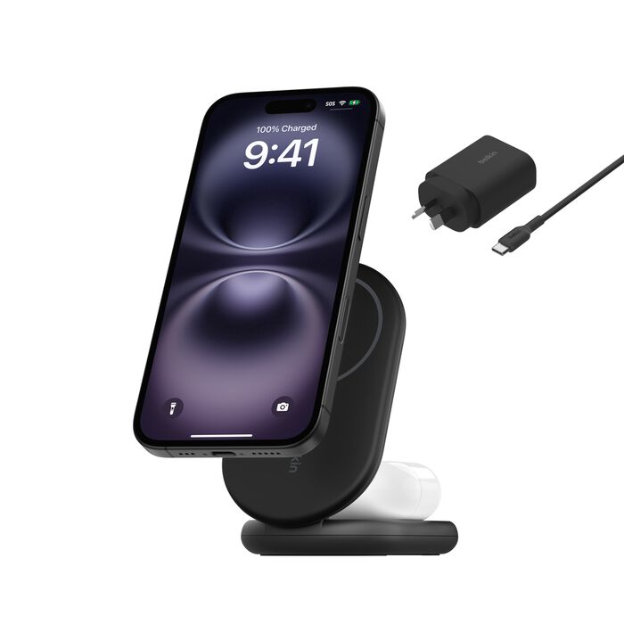 Belkin BoostCharge 2-in-1 Magnetic Foldable Wireless Charger With Qi2 - Black