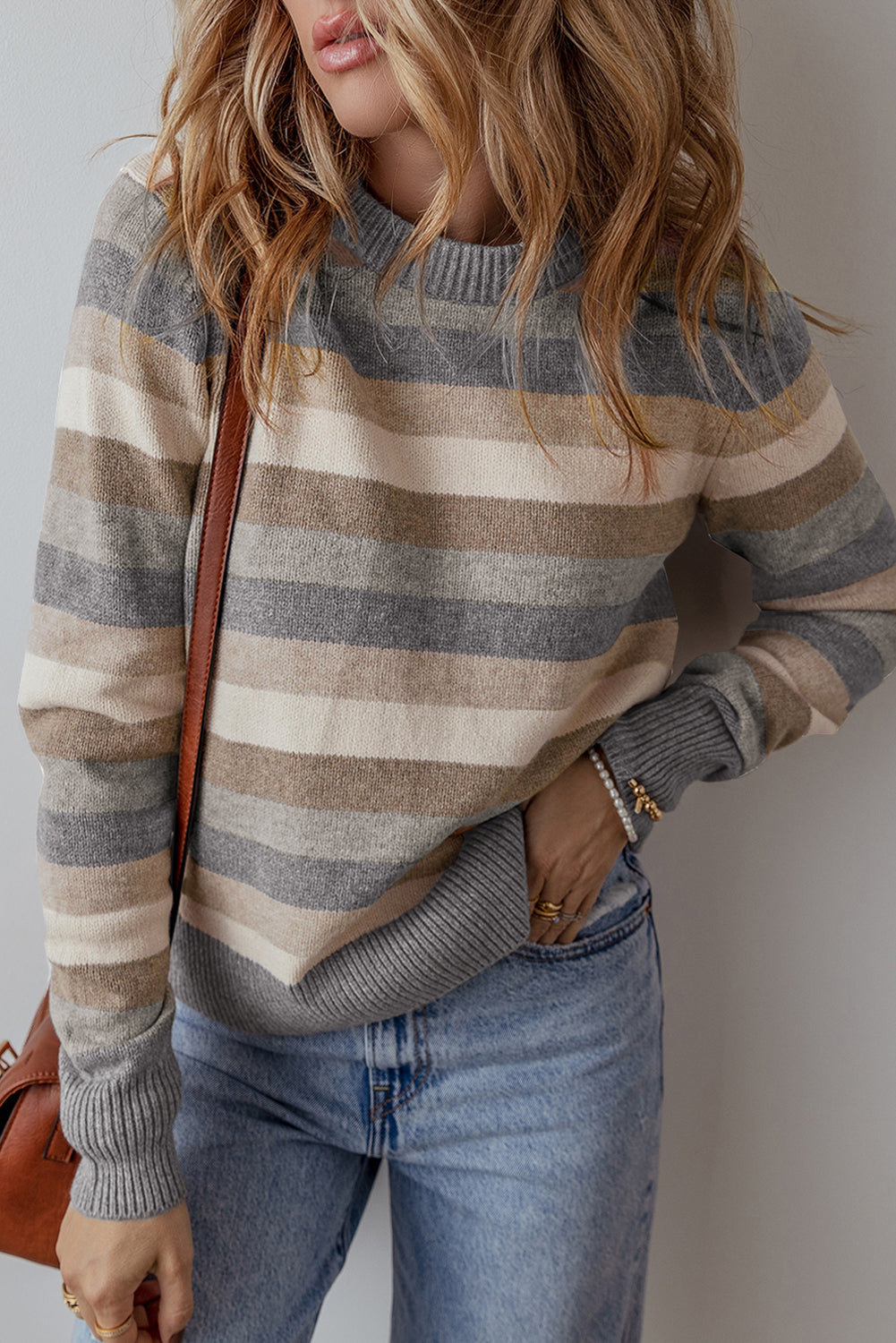 Gray Stripe Colour Block Ribbed Edge Round Neck Women’s Sweater