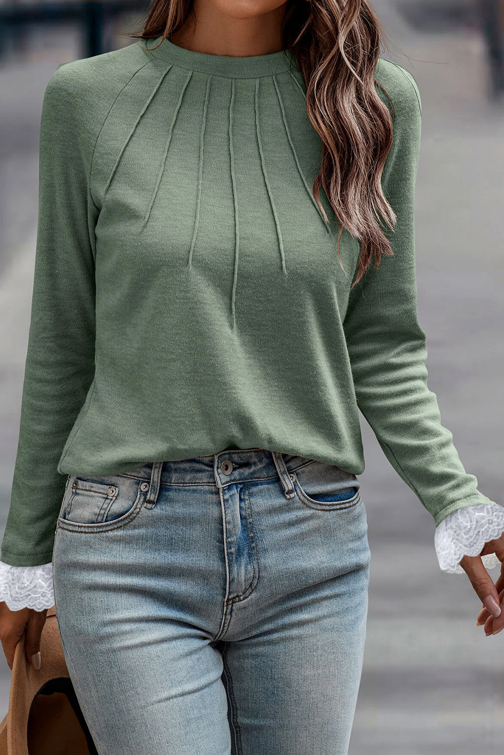 Grass Green Top Seam Detail Raglan Sleeve Lace Contrast Cuffs Casual