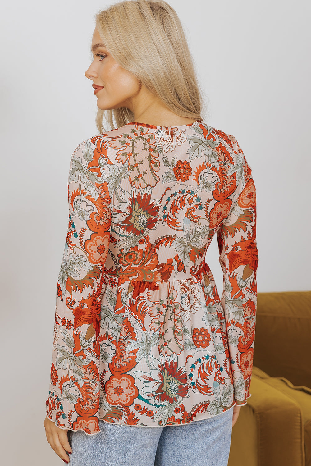 Orange Floral Deep V Neck Knot Bell Sleeve Blouse Women’s Summer Top
