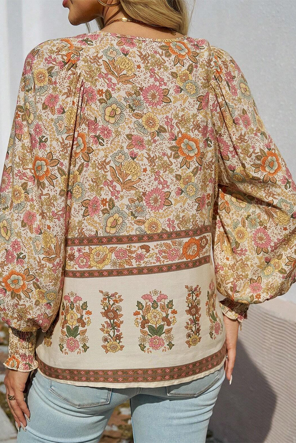 Yellow Floral Print Blouse Tie Neck Lantern Sleeve Casual Women’s Top