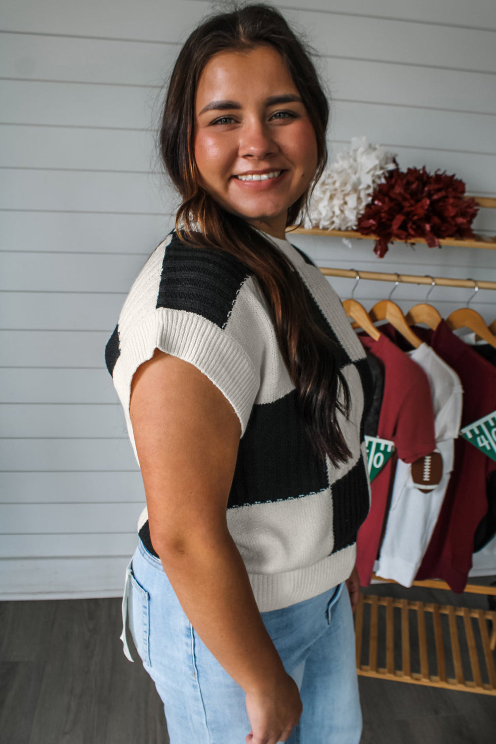 Black Checkered Colorblock Crew Neck Short Sleeve Sweater for Women