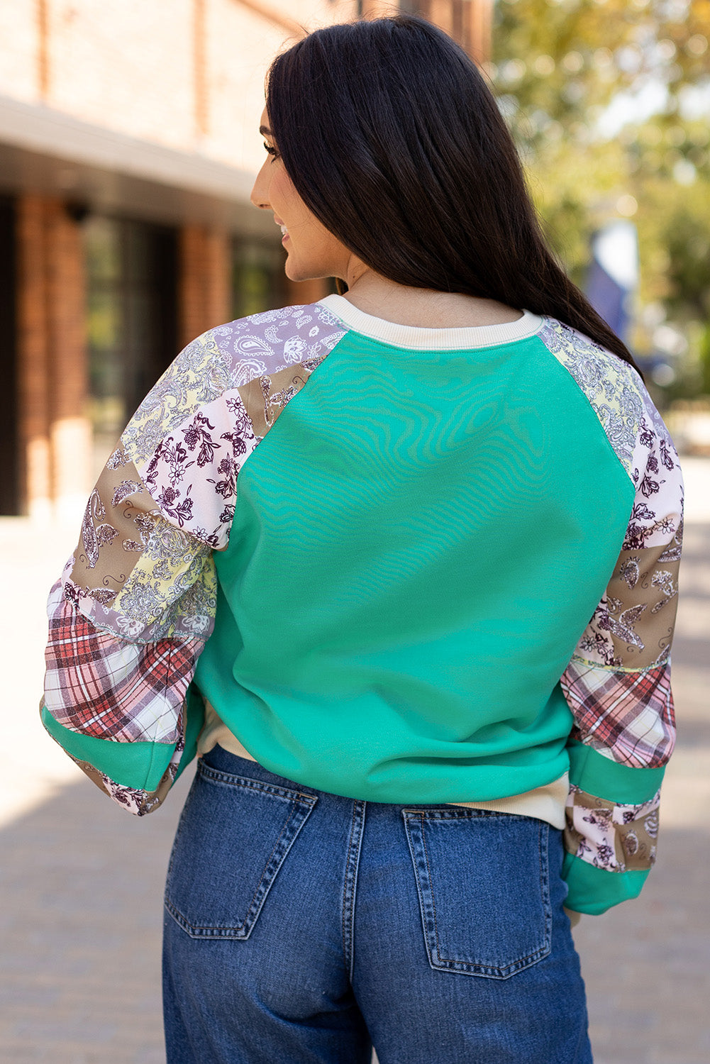 Women’s Aruba Blue Plaid Vintage Paisley Patchwork Long Sleeve Raglan Top
