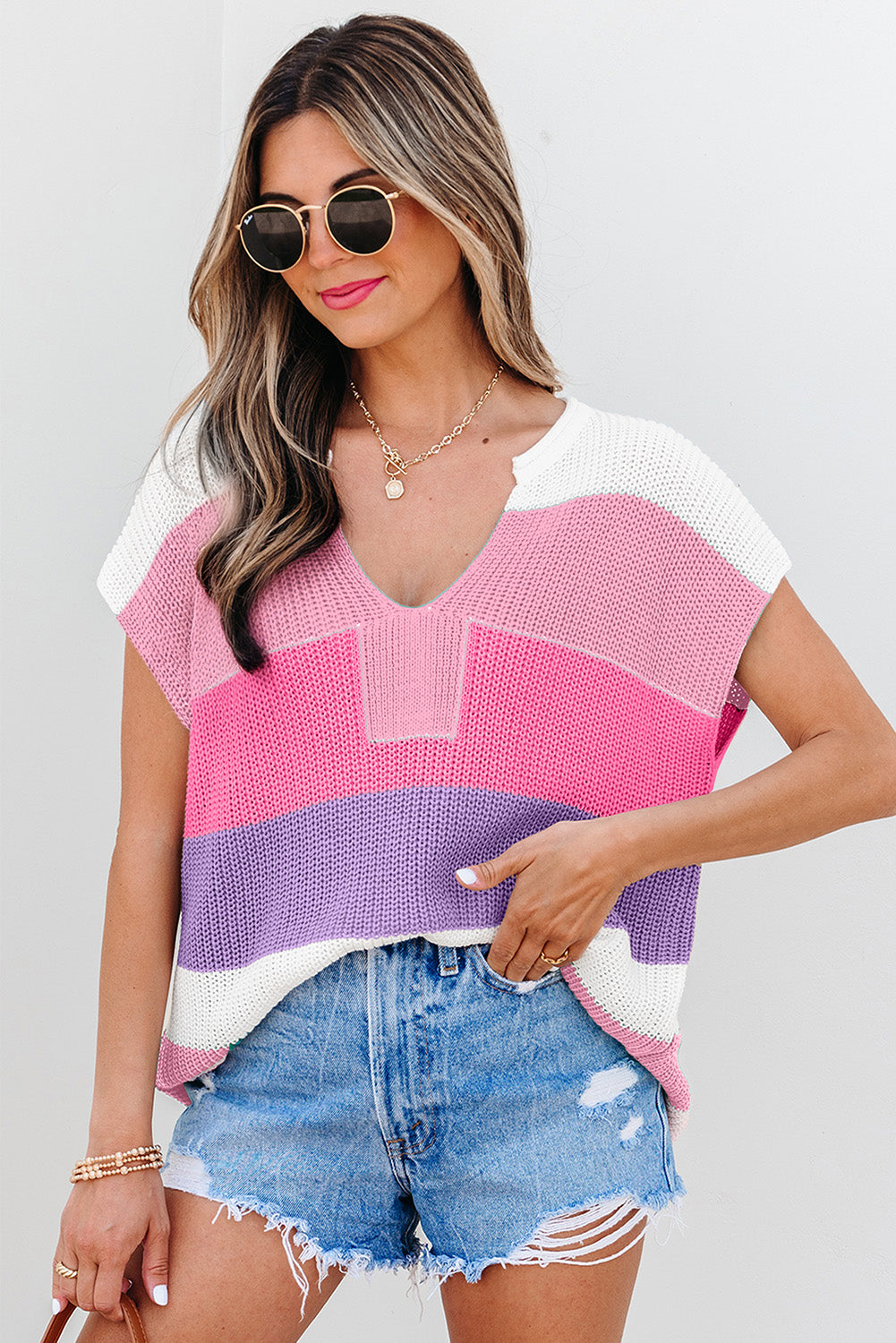 Pink Colour Block Notch V Neck Sweater T Shirt