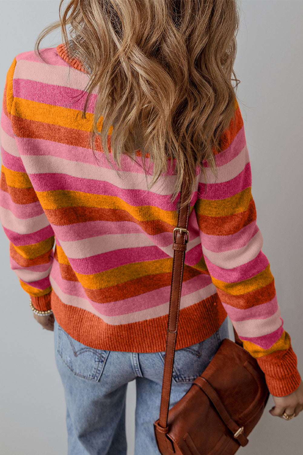 Gray Stripe Colour Block Ribbed Edge Round Neck Women’s Sweater