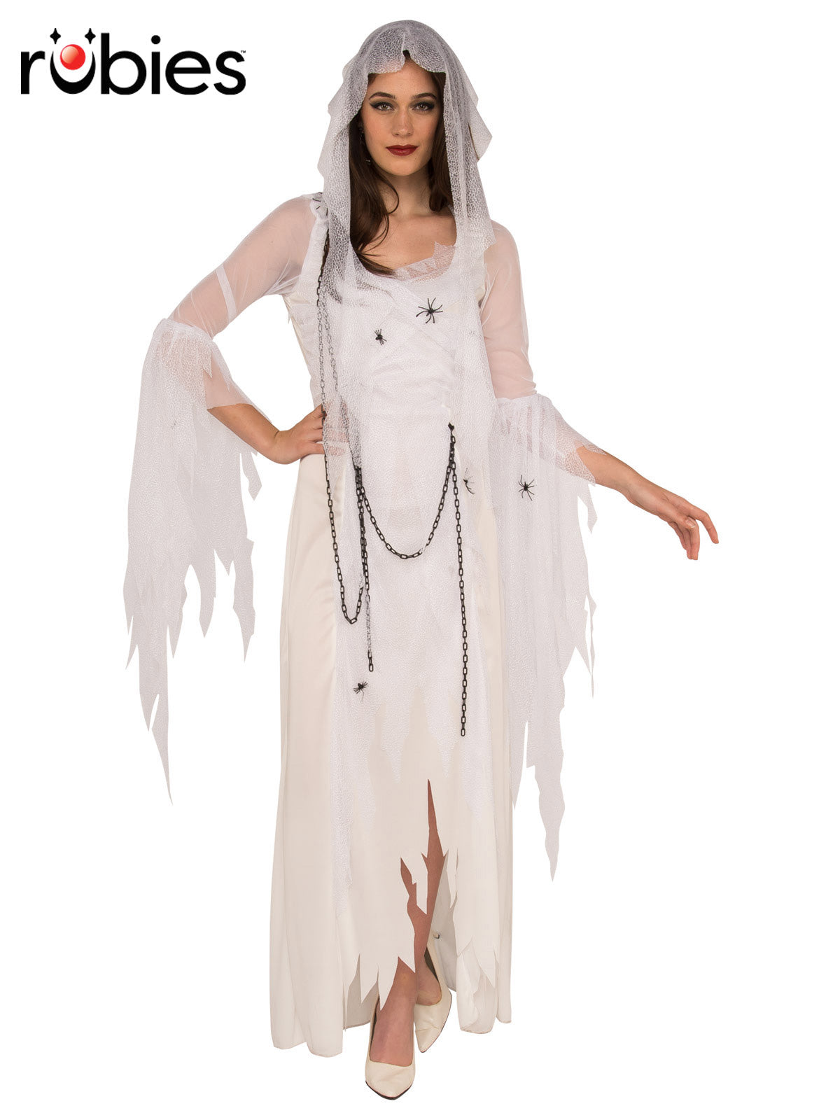Ghostly Spirit Women's Halloween Costume with White Tattered Dress Veil Spiders