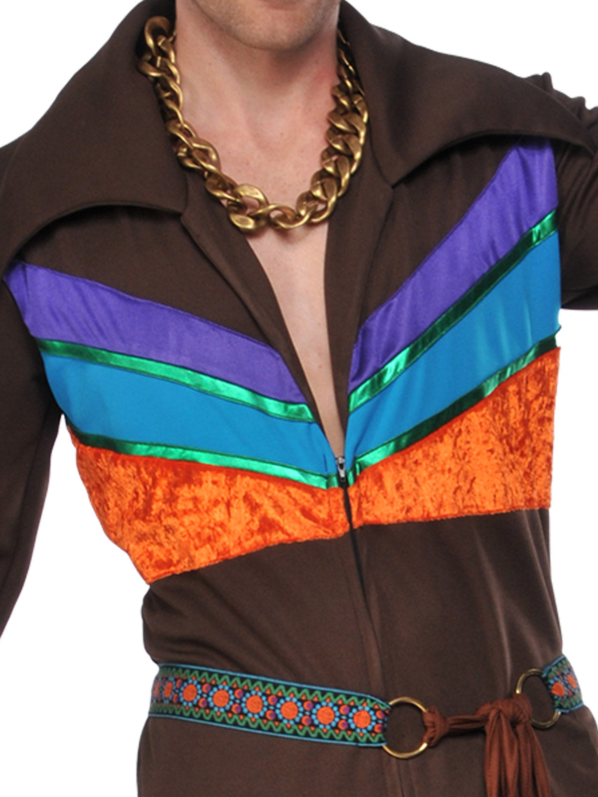 Adult 70's Guy Hippie Fancy Dress Costume Retro Woodstock Jumpsuit Outfit Multi Colour