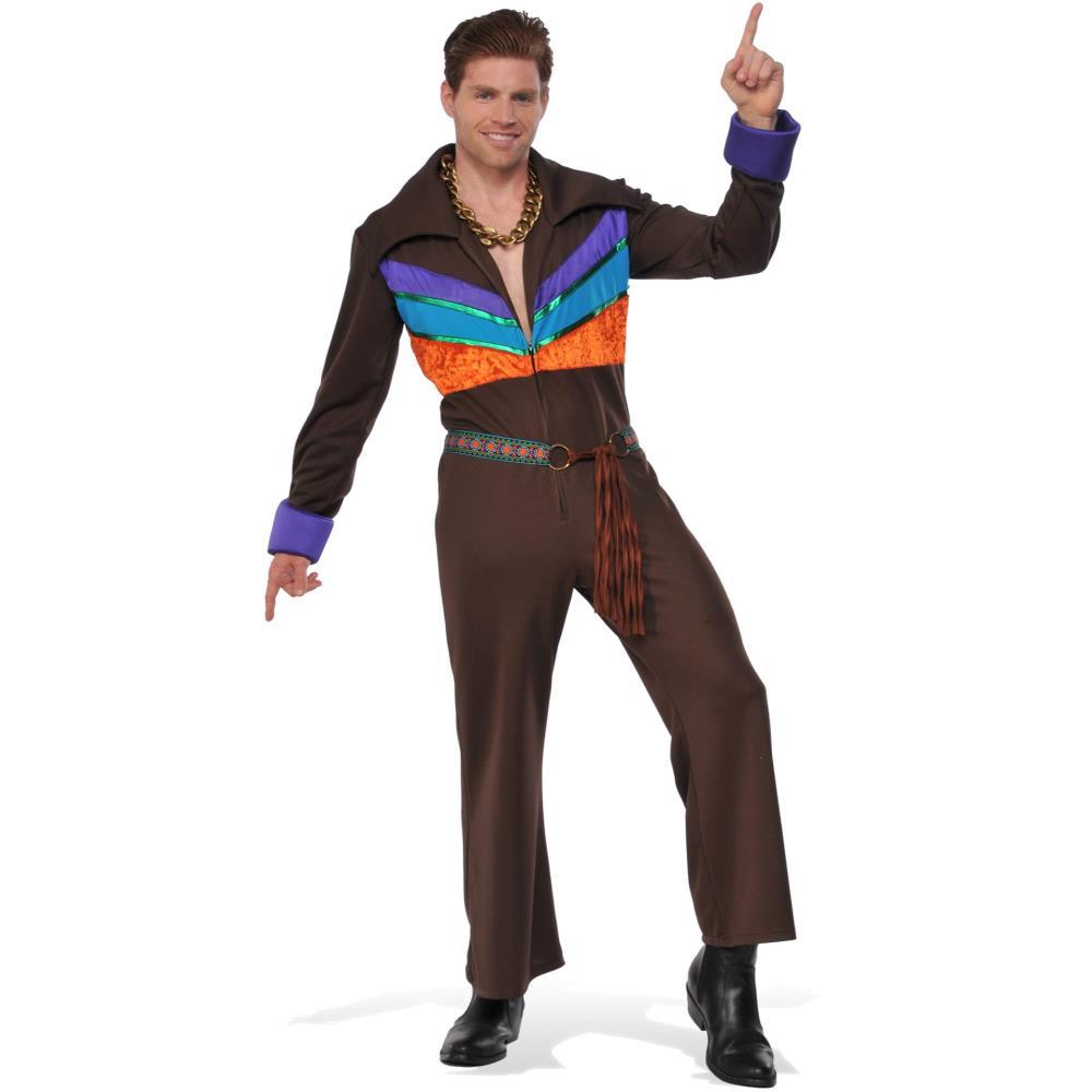 Adult 70's Guy Hippie Fancy Dress Costume Retro Woodstock Jumpsuit Outfit Multi Colour