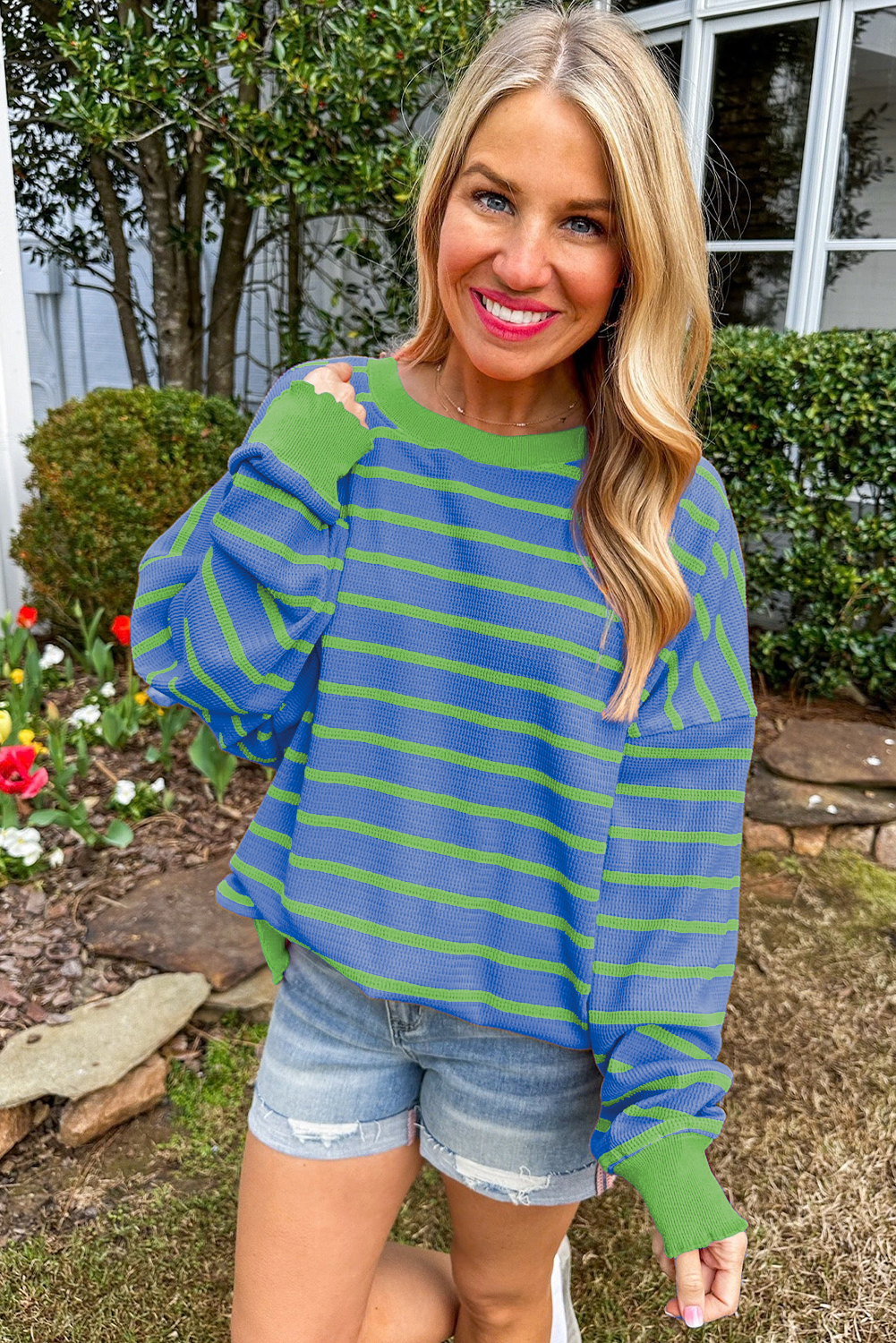 Orange Stripe Trimmed Round Neck Drop Shoulder Women’s Loose Sweater