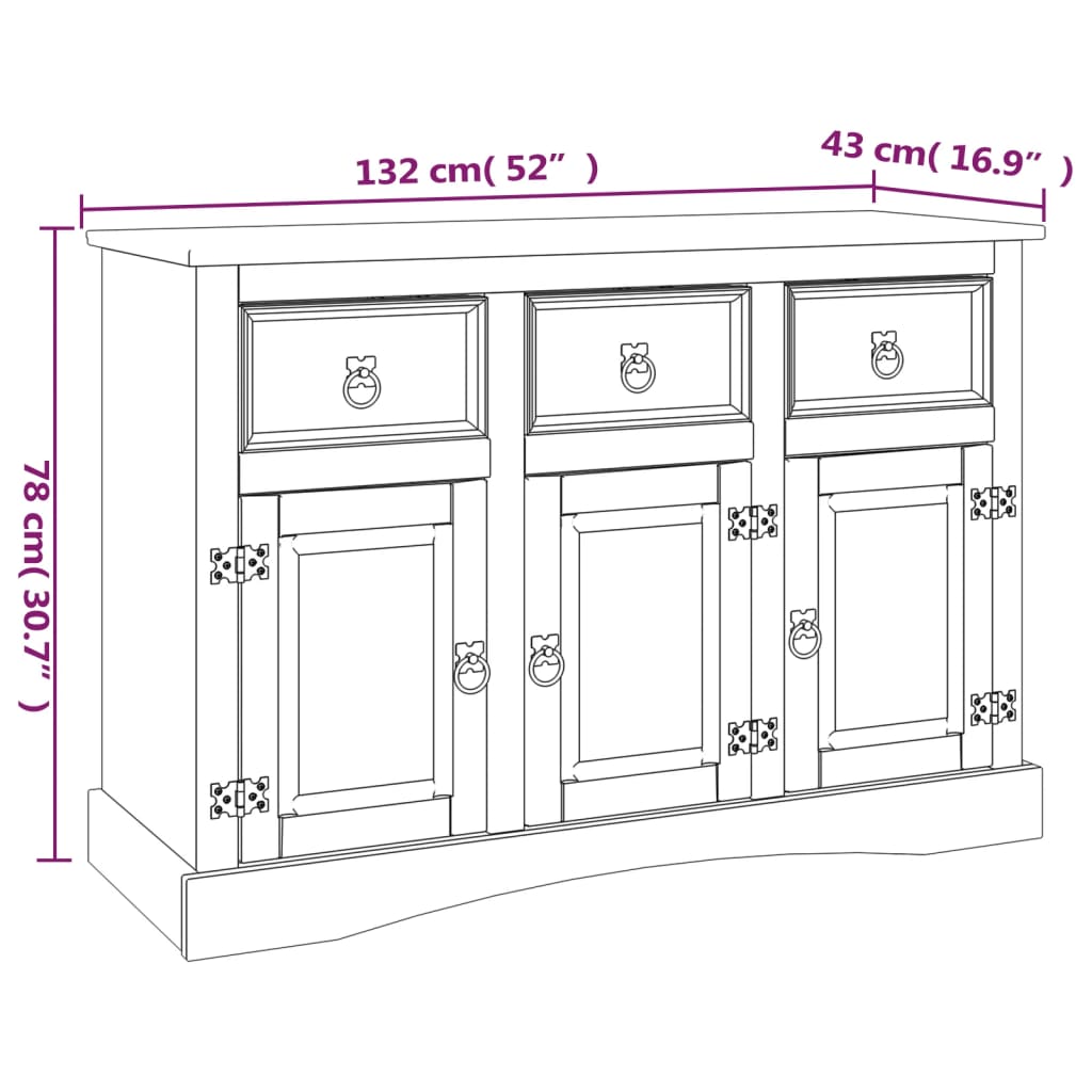 Sideboard Solid Mexican Pinewood Corona Range 132x43x78 cm