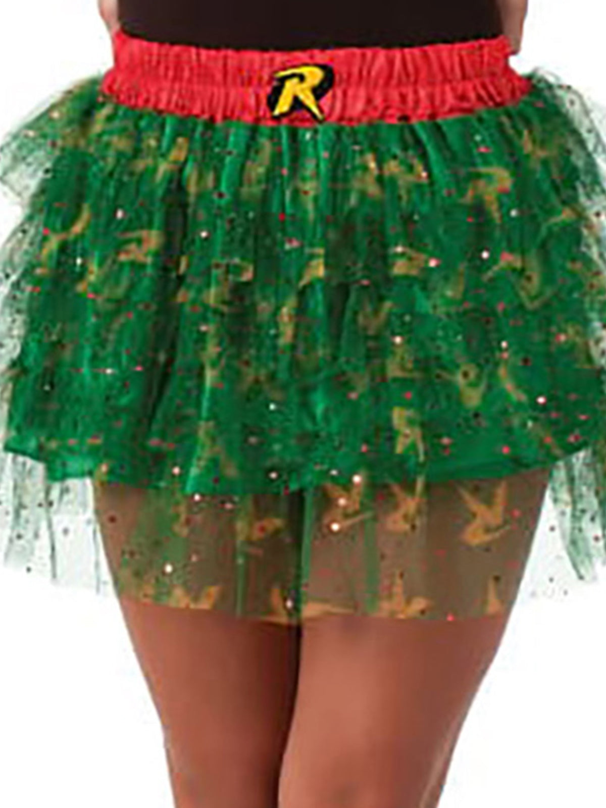 DC Comics Robin Girls Tutu Skirt with Glitter Tulle Layers and Logo Print - Red & Green Colour
