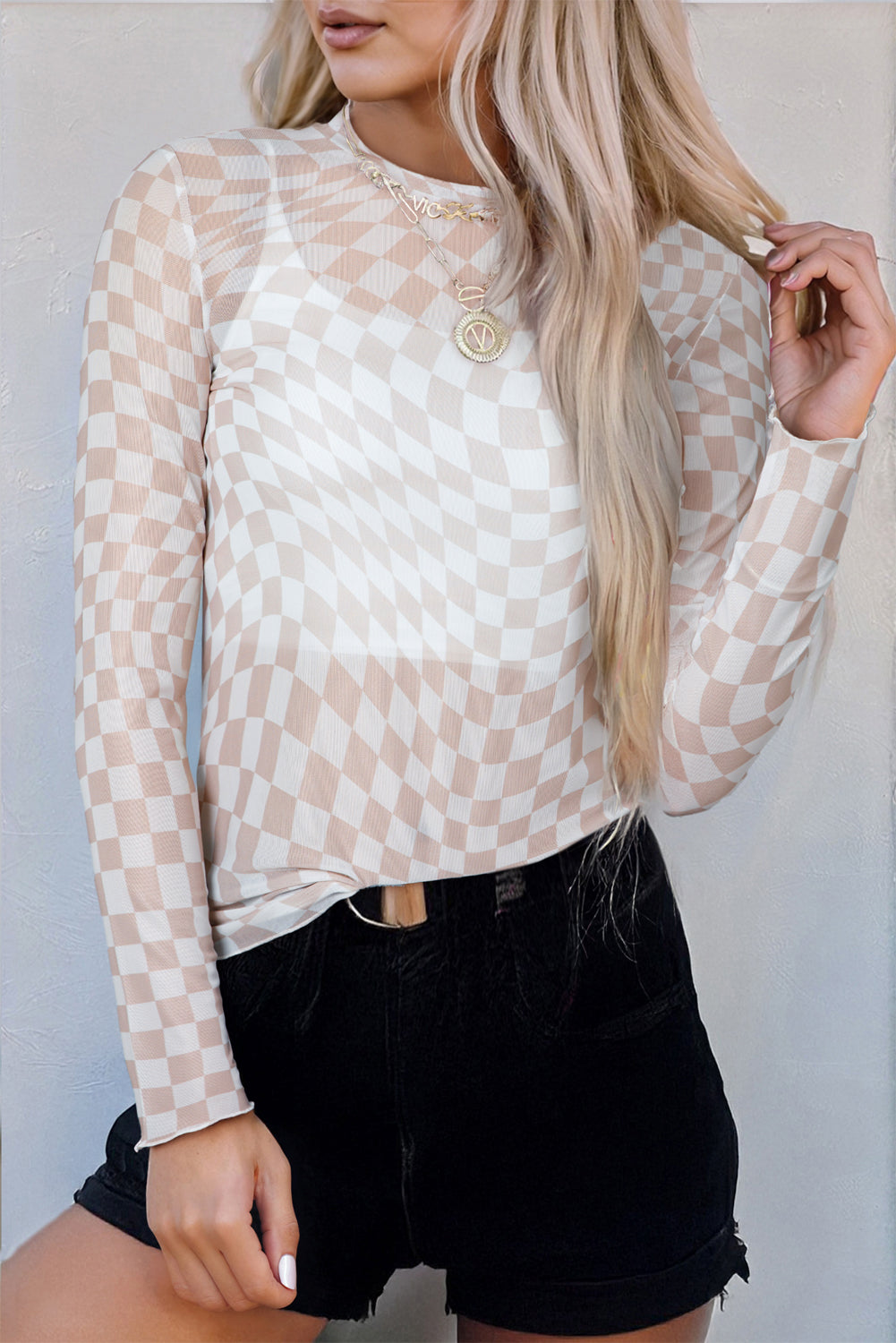 Women’s Black Checkered Mesh Top with Mock Neck and Long Sleeves for Stylish Look
