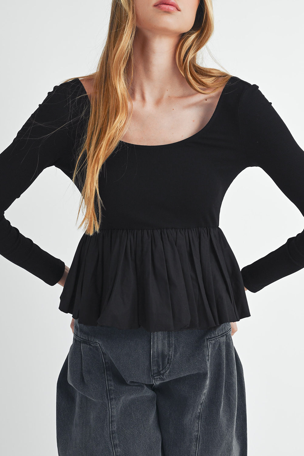 Black Ribbed Knit Peplum Top Long Sleeve Scoop Neck Patchwork Casual Top