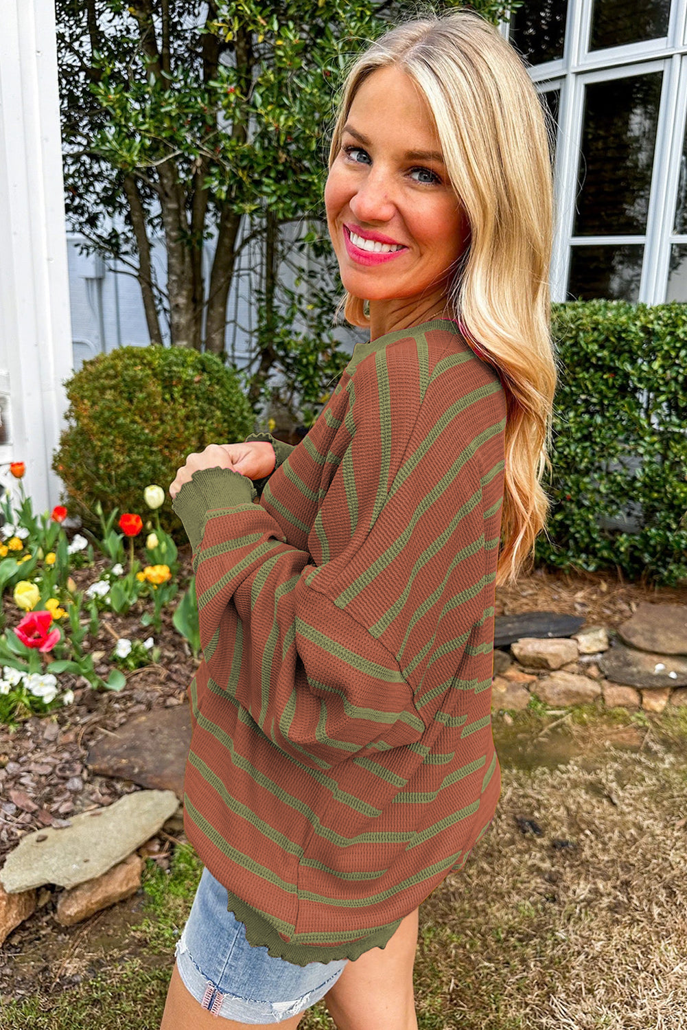 Orange Stripe Trimmed Round Neck Drop Shoulder Women’s Loose Sweater