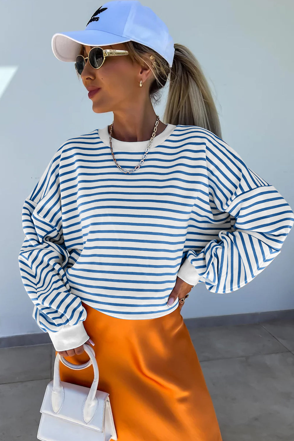 Women’s Orange Stripe Colour Block Loose Fit Collared Drop Shoulder Sweatshirt