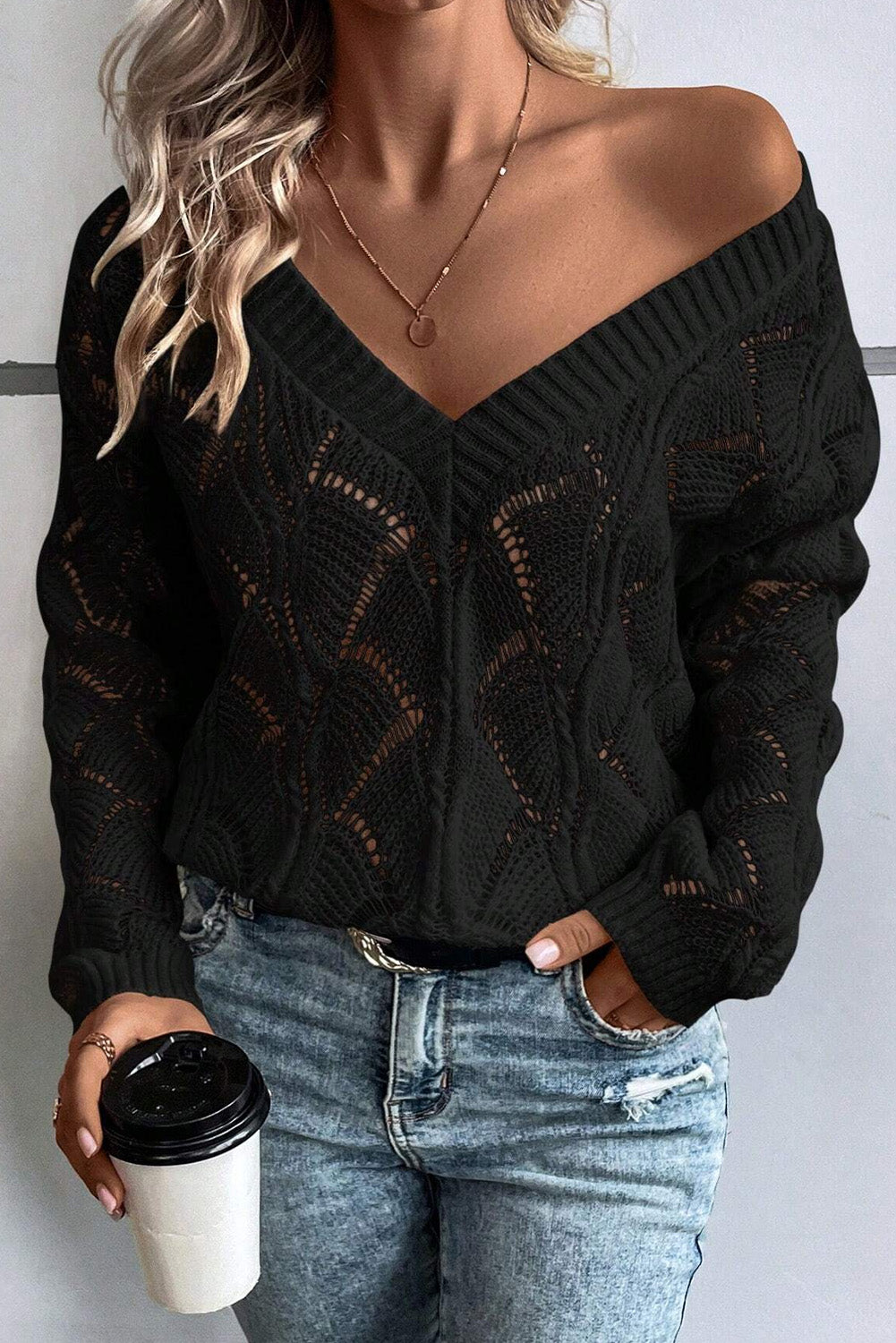 Mint Green Hollow Out Knit V Neck Drop Shoulder Women’s Sweater