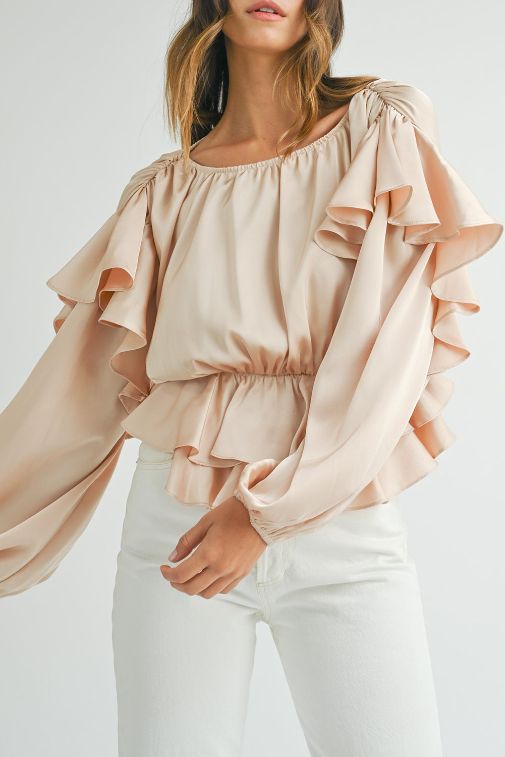 Oatmeal Lace Up Keyhole Back Ruffled Peplum Women’s Blouse