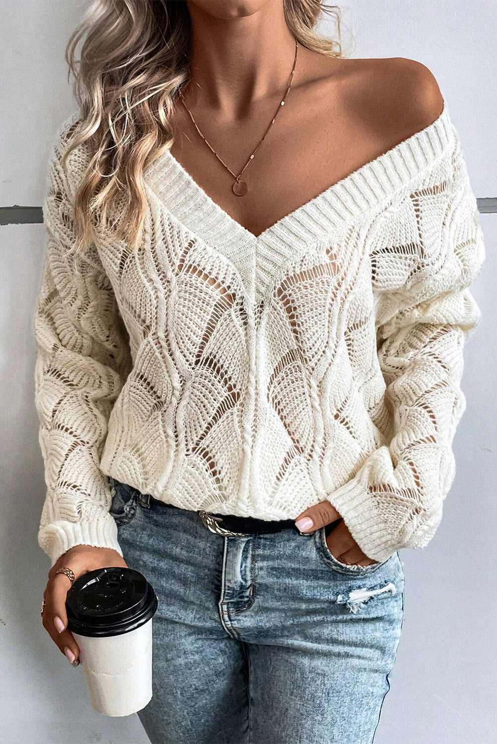 Mint Green Hollow Out Knit V Neck Drop Shoulder Women’s Sweater