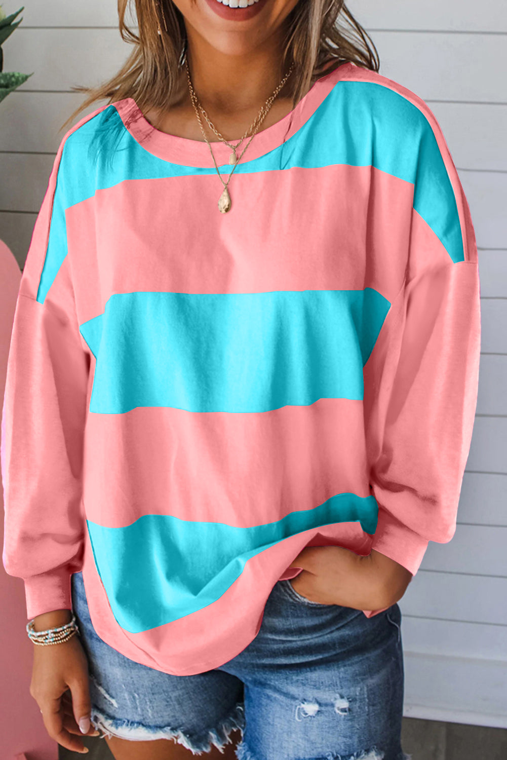 Light Green Colourblock Striped Drop Shoulder Loose Top