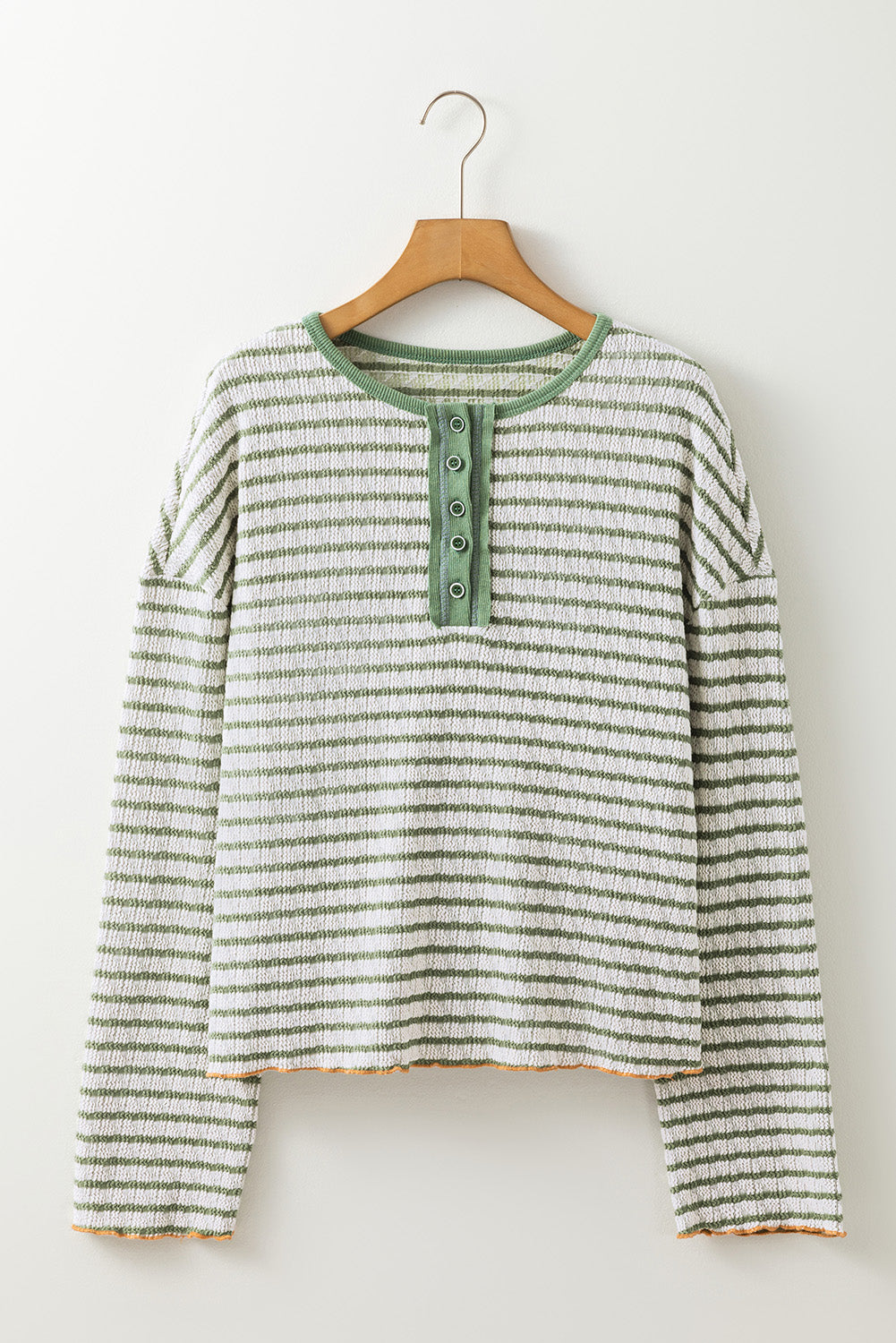 Brown Stripe Henley Long Sleeve Top with Textured Frilly Trim Buttons