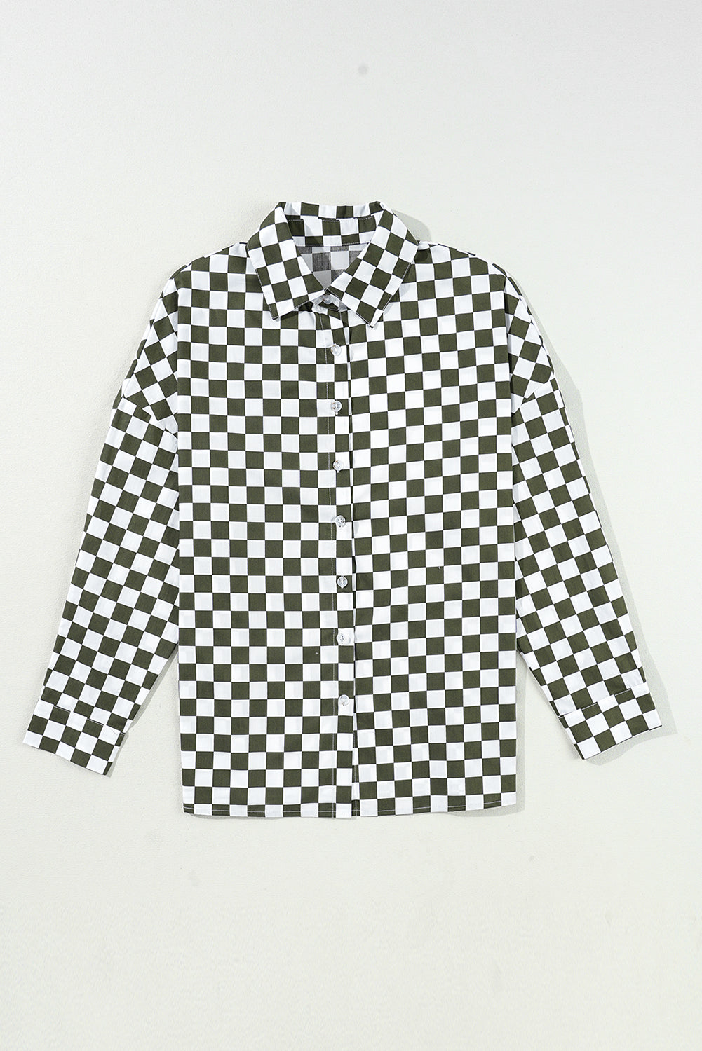 Green Checkerboard Printed Drop Shoulder Loose Women’s Casual Shirt
