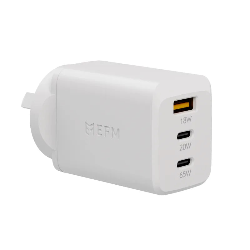EFM ECO 65W Triple Port Wall Charger With GaN, Power Delivery and PPS - White