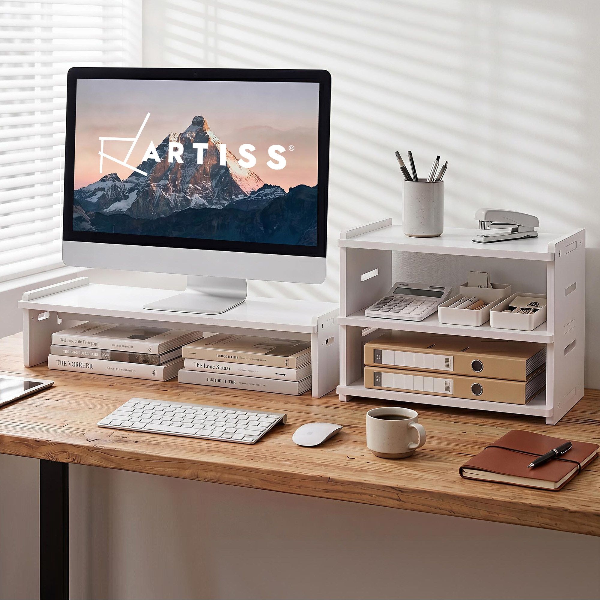 Artiss Monitor Stand and 3-Tier Desk Organiser 2-in-1 Modular Computer Monitor Riser PVC Desktop Shelf Holds 20kg