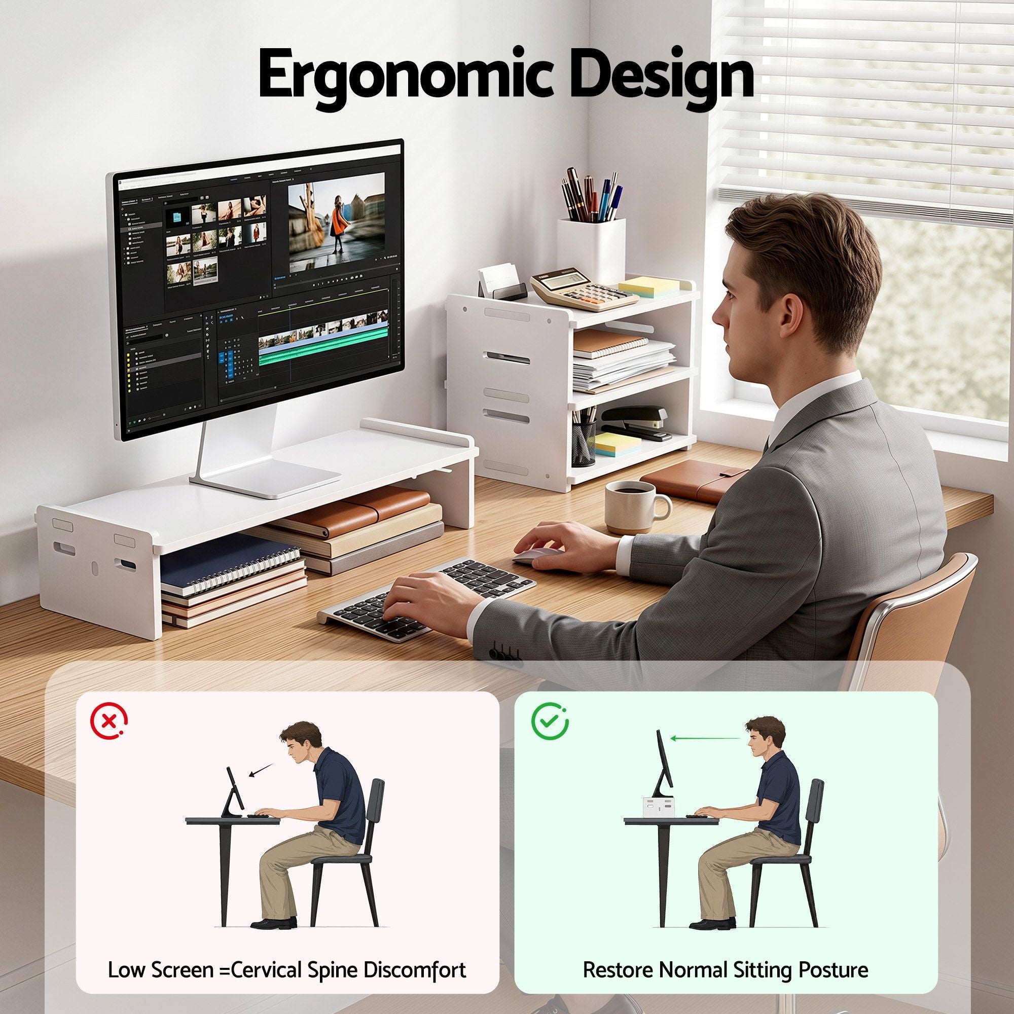 Artiss Monitor Stand and 3-Tier Desk Organiser 2-in-1 Modular Computer Monitor Riser PVC Desktop Shelf Holds 20kg